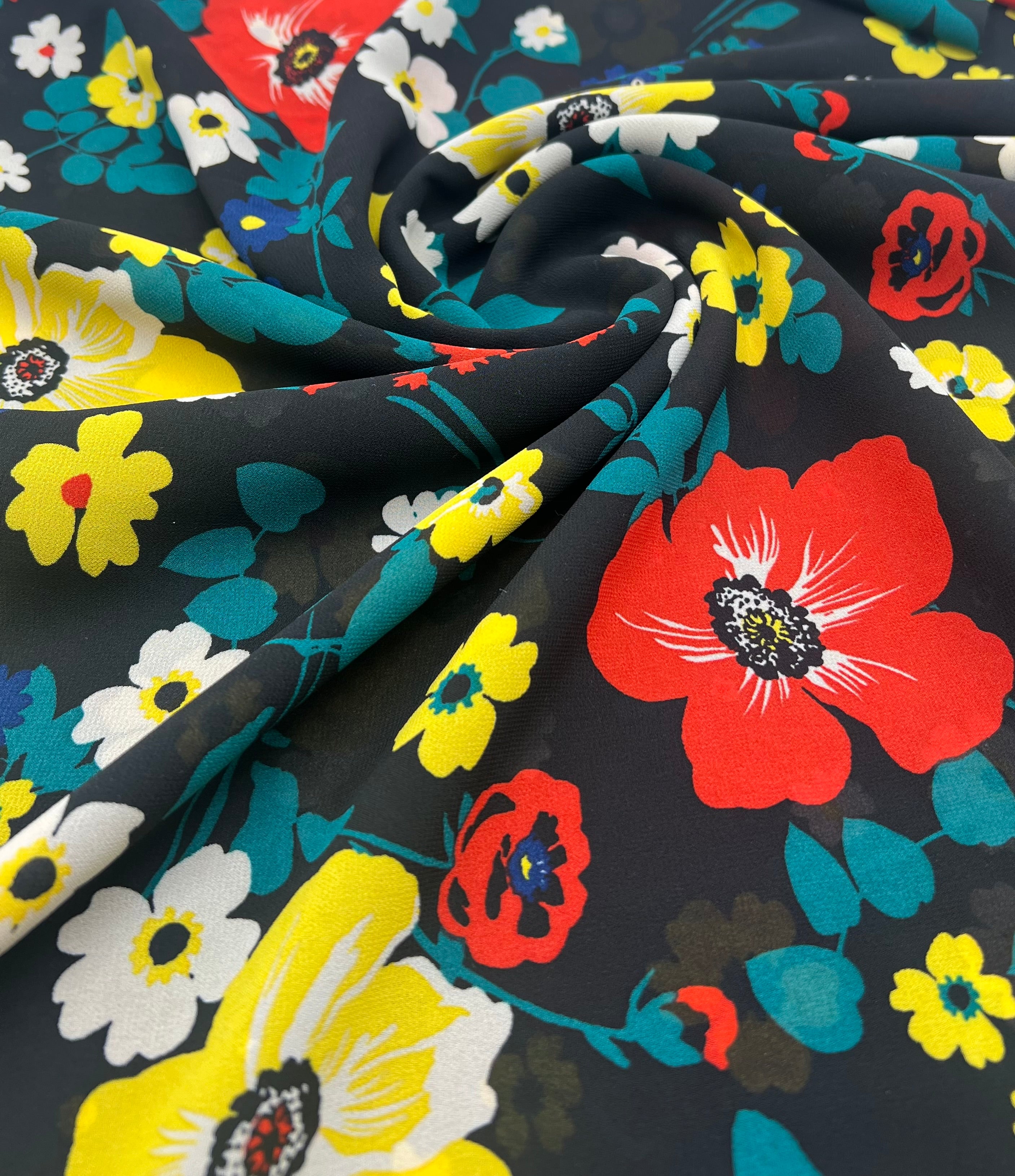 Black Floral Printed Chiffon Dress Fabric